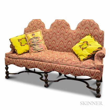Baroque-style Upholstered Mahogany Triple-back Settee and Pillows