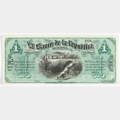 1880s Colombian El Banco De La Republica 1 Peso, Pick S807