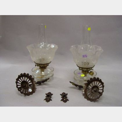 Pair of Victorian Cast Iron and Colorless Glass Kerosene Bracket Lamps with Etched Ruffled Glass Shades. 