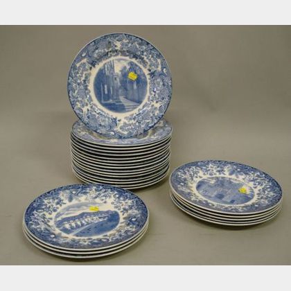 Twenty-four Wedgwood Blue Transfer Printed College Plates