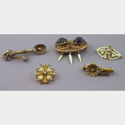Five Antique 10kt Gold Brooches