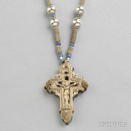 Byzantine Cross and Robert Lee Morris Silver and Glass Bead Chain