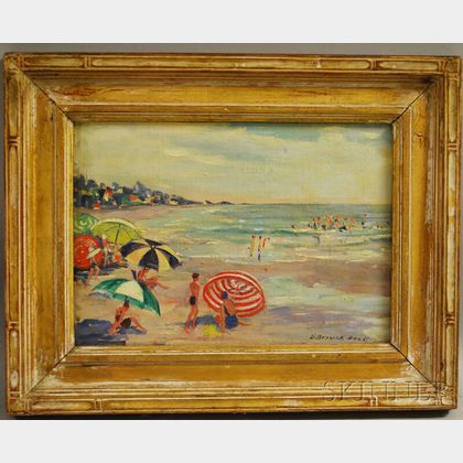 Ella Boocock Hoedt (American, fl. 1930s) Beach Scene with Colorful Umbrellas