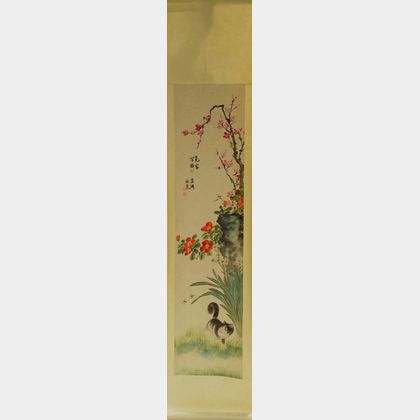 Chinese Ink and Watercolor on Paper Hanging Scroll Depicting Flowers and a Kitten