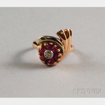 Retro 14kt Rose Gold, Ruby, and Diamond Floral Swirl Ring