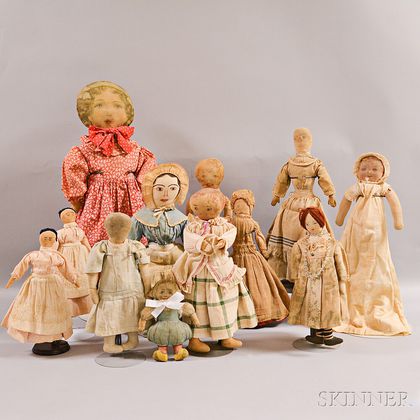 Twelve Lithographed, Painted, and Embroidered Cloth Dolls