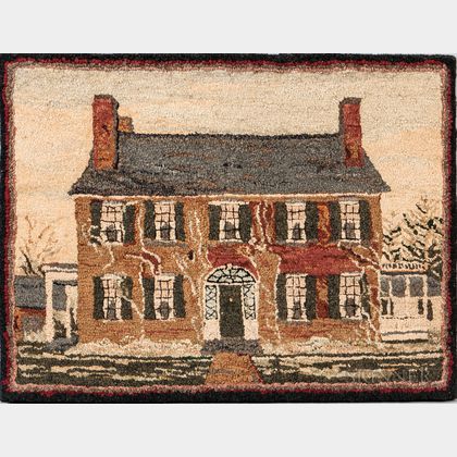 Hooked Rug with a Two-story House with an Albumen Photograph of the House