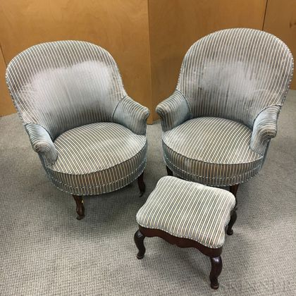 Pair of Victorian Upholstered Walnut Slipper Chairs and a Footstool. Estimate $200-250