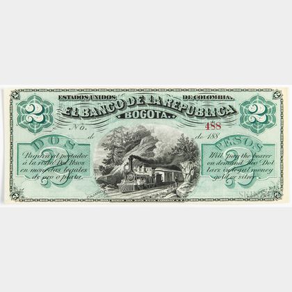 1880s Colombian El Banco De La Republica 2 Peso, Pick S808