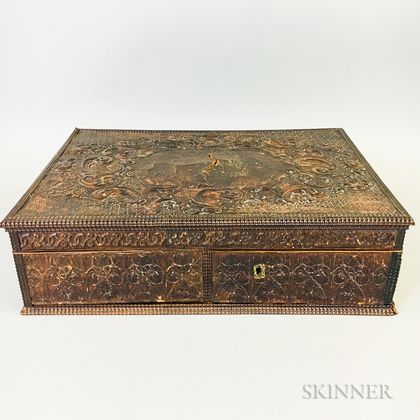 Embossed Leather-clad and Satinwood Veneer Desk Box