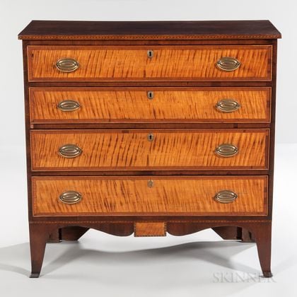 Inlaid Maple and Tiger Maple Chest of Four Drawers