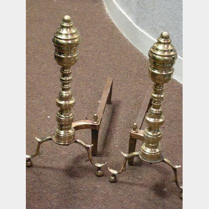 Pair of Brass Ring-turned Andirons and a Pair of Brass Ball-top Andirons. 