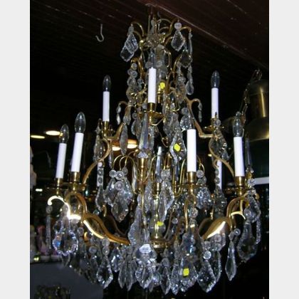 Large Rococo-style Brass and Glass Twelve-Light Chandelier