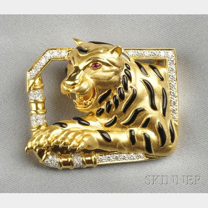 18kt Gold, Enamel, and Diamond Tiger Pendant/Brooch