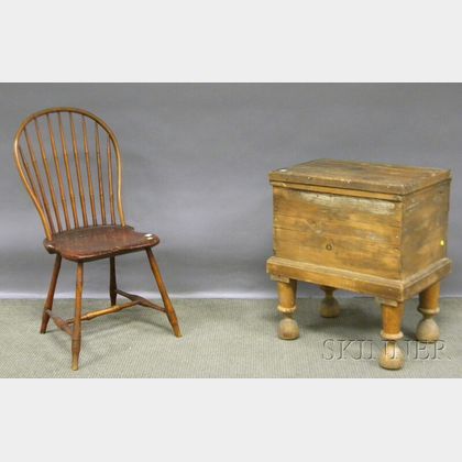 Wood Lidded Ice Box with Turned Legs and a Windsor Bow-back Side Chair. 