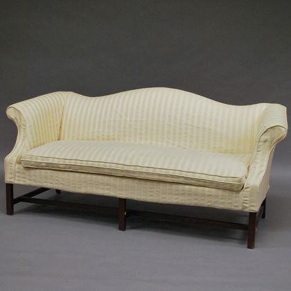Chippendale-style Cotton Upholstered Camel-back Mahogany Sofa