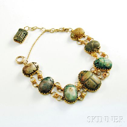 Egyptian 15kt Gold and Carved Stone Scarab Bracelet