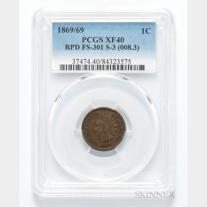 1869/69 Indian Head Cent, Repunched Date, FS-301, S-3, PCGS XF40. Estimate $500-700