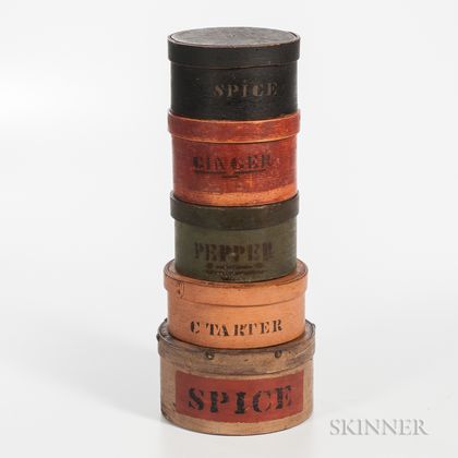 Stack of Five Round Painted Pantry Spice Boxes