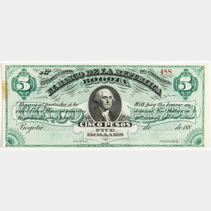 1880s Colombian El Banco De La Republica 5 Peso, Pick S809
