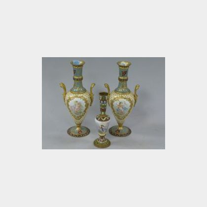 Pair of Ormolu and Champleve Mounted Decorated Porcelain Vases and a Single Vase. 