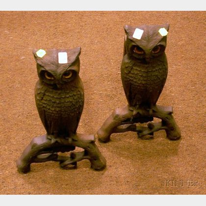 Pair of Cast Iron Owl Figural Andirons with Glass Eyes. 