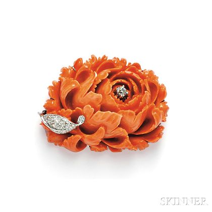 Carved Coral and Diamond Flower Brooch