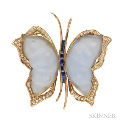 18kt Gold, Chalcedony, Sapphire, and Diamond Brooch