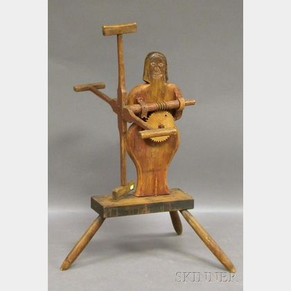 Folk Carved and Painted Pine and Ash Figural Yarn Winder. 