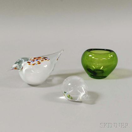 Three Pieces of Art Glass: Kosta Porcupine, Holmegaard Vase, and an FM Ronneby Bird