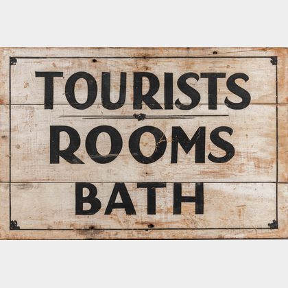 White- and Black-painted "Tourists/Rooms/Baths" Sign