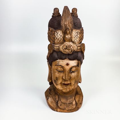 Large Carved and Painted Wood Guanyin Head