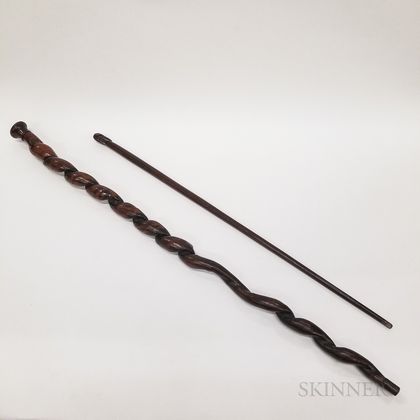 Two Carved Wood Walking Sticks