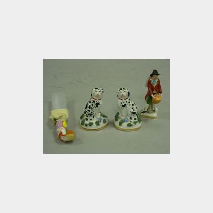 Pair of Miniature Staffordshire Spaniels and Two Miniature Figures. 