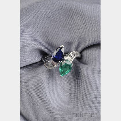 Platinum, Sapphire, Emerald and Diamond Bypass Ring