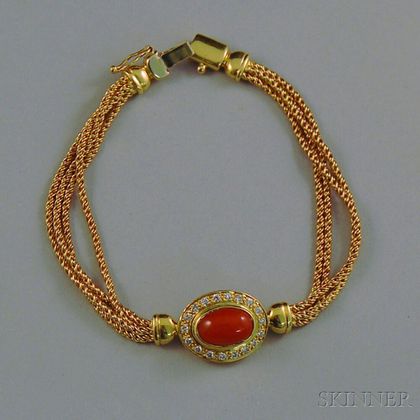 Italian 18kt Gold, Coral, and Diamond Bracelet