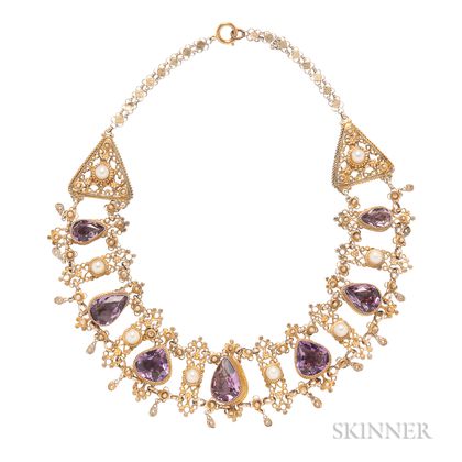 Gilt-silver, Amethyst, and Pearl Necklace