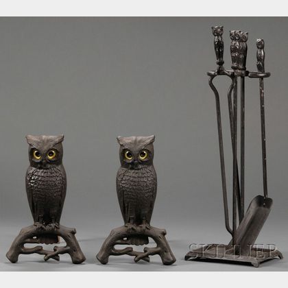 Pair of Cast Iron Owl Andirons with Three Matching Fire Tools and Stand