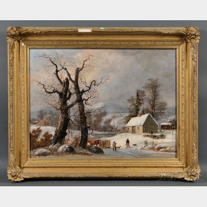 School of George Henry Durrie (Connecticut, 1820-1863) Winter Landscape with Cottage, Figures, and Logging.