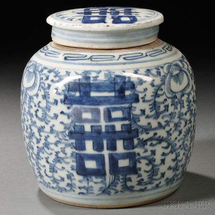 Blue and White "Double Happiness" Covered Ginger Jar