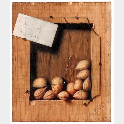 De Scott Evans (American, 1847-1898) A New Variety, Try One /A Trompe l'Oeil Still Life with Almonds