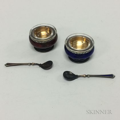 Pair of Sterling Silver and Enamel Salts with Matching Salt Spoons