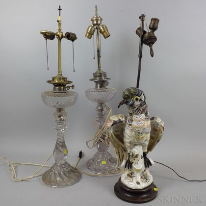 Two Colorless Glass Oil Lamps and a Ceramic Shell-form Parrot Lamp