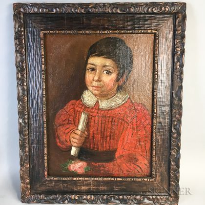 Spanish or Spanish Colonial School, 19th Century Half-length Portrait of a Boy in Red Holding a Scroll