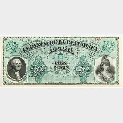 1880s Colombian El Banco De La Republica 10 Peso, Pick S810