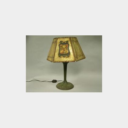 Aladdin Cast Iron Table Lamp with Enamel Decorated Mica Shade. 