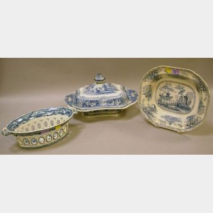 Three Blue and White Transfer Decorated Staffordshire Serving Items