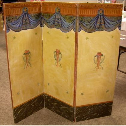 Continental-style Painted Canvas Three-part Folding Floor Screen