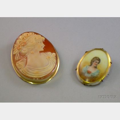 Small Painted Brooch and a Large 14kt Gold Framed Shell Carved Cameo Brooch