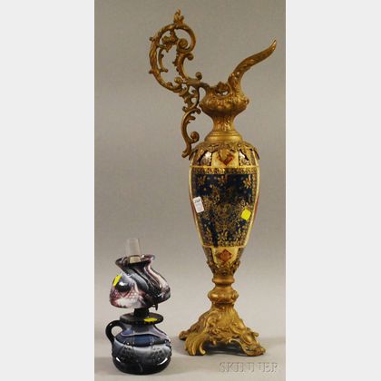 Painted Cast Metal-mounted Austrian-type Porcelain Ewer Garniture and a Small Amethyst Slag Pressed Glass Kerosene Lamp